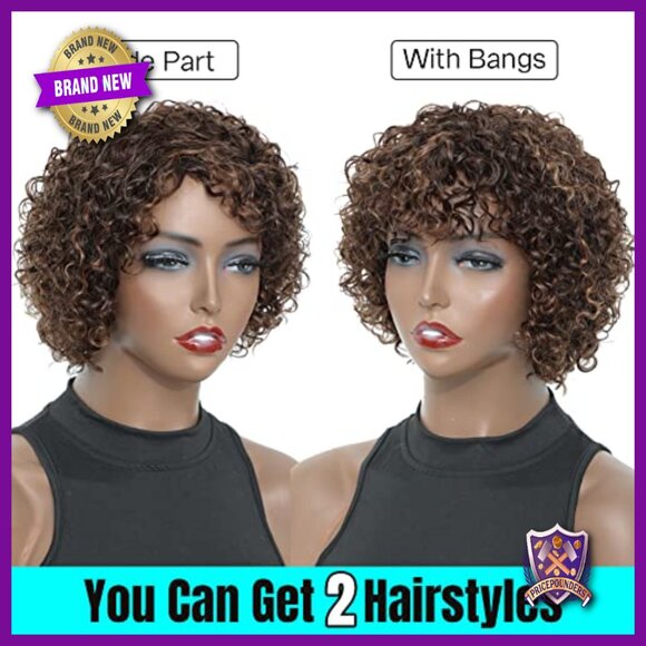 Short Curly Human Hair Wig with Bangs Glueless Cap Adjustable main image 5